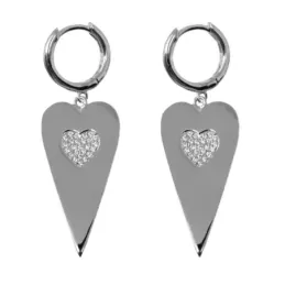 Pendientes plata Ley 925m rodiados aros 12mm. lisos colgando corazón centro circonitas corazón