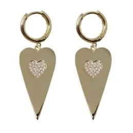 Pendientes plata Ley 925m chapados oro aros 12mm. lisos colgando corazón centro circonitas corazón
