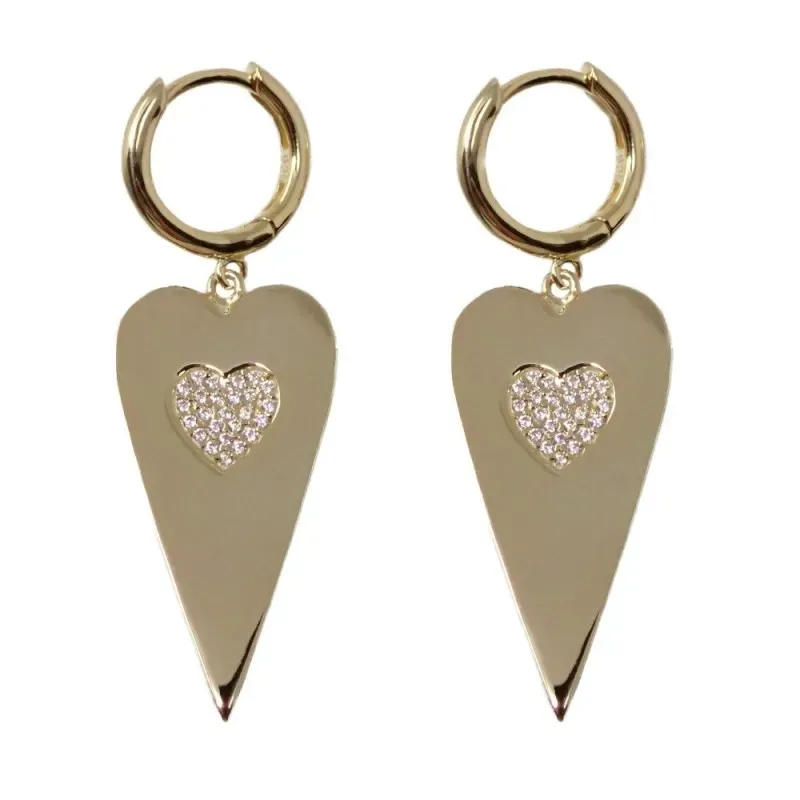 Pendientes plata Ley 925m chapados oro aros 12mm. lisos colgando corazón centro circonitas corazón