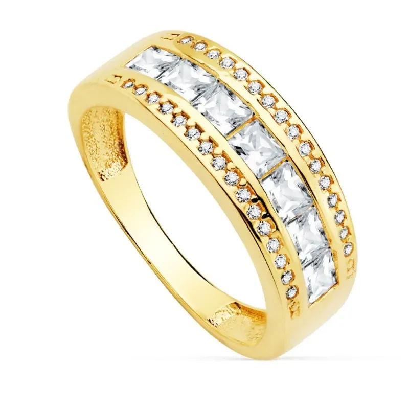 Sortija oro 18k mujer ancho 7mm. piedras centro carré bandas circonitas redondas