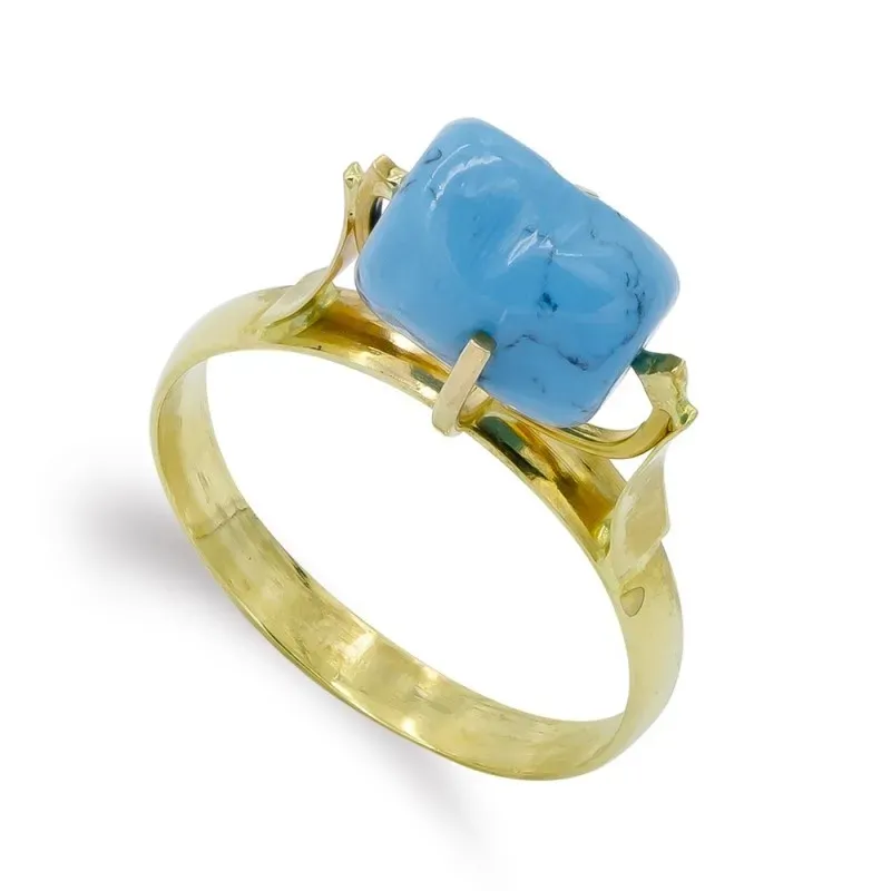 Sortija oro 18k mujer piedra turquesa rectangular centro cabeza garra