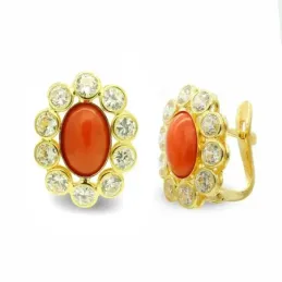 Pendientes oro 18k mujer piedra coral centro ovalada combinada circon