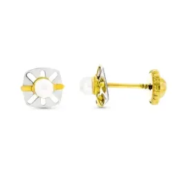 Pendientes oro bicolor 9k niña 6 mm. calados perla centro tornillo