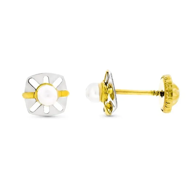 Pendientes oro bicolor 9k niña 6 mm. calados perla centro tornillo