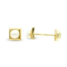 Pendientes oro 9k niña 4 mm. cuadrados perla centro tornillo