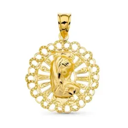 Virgen Niña medalla oro 18k niña 24 mm. labrada Primera Comunión cala