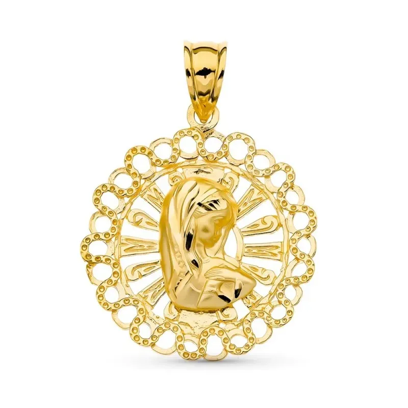 Virgen Niña medalla oro 18k niña 24 mm. labrada Primera Comunión cala
