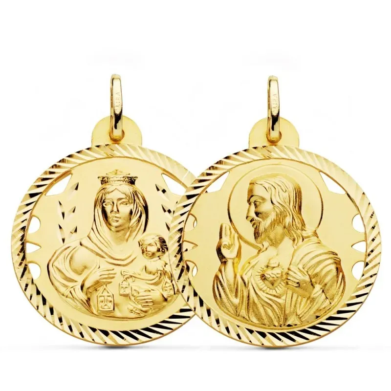 Virgen del Carmen Corazón de Jesús escapulario oro 9k unisex 28 mm. d