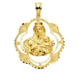 Virgen del Carmen medalla oro 18k unisex 32 mm. forma pandereta calad