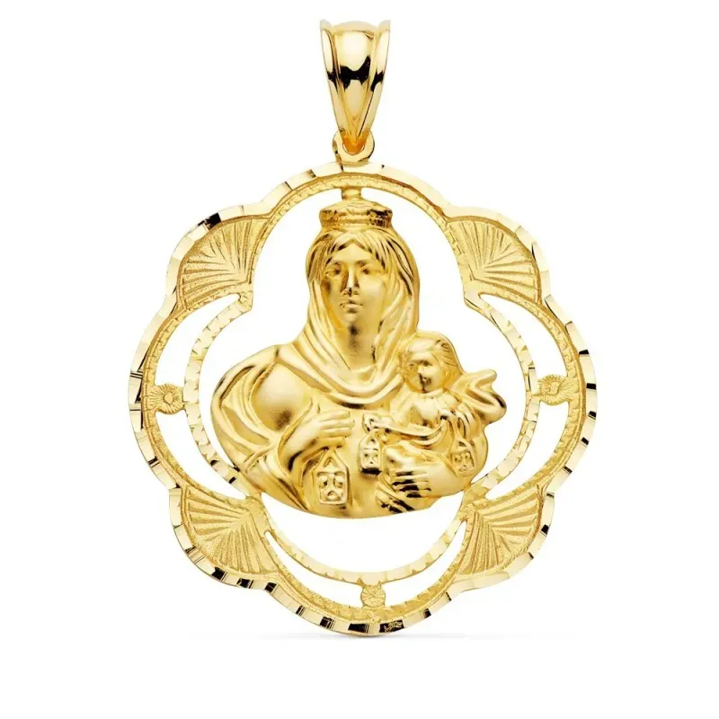 Virgen del Carmen medalla oro 18k unisex 32 mm. forma pandereta calad