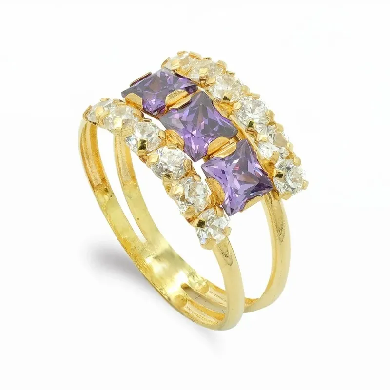 Sortija oro 18k mujer dos hilos combinados circonitas cuadradas color