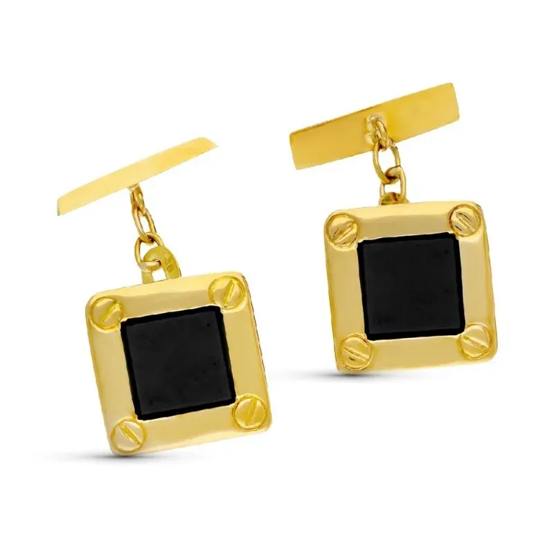 Gemelos oro 18k hombre 15 mm. cuadrados negros centro detalles esquin