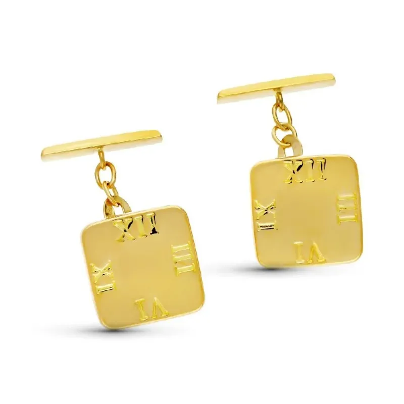 Gemelos oro 18k hombre 14 mm. cuadrados liso detalle hora números rom