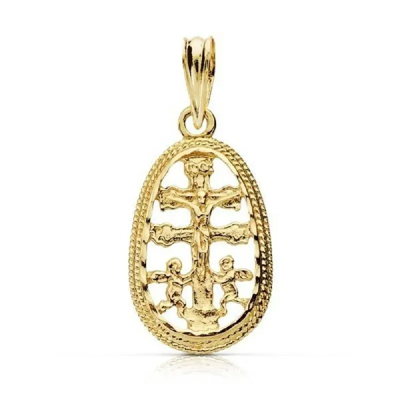 Cruz Caravaca colgante oro 18k unisex 19 mm. crucifijo cerco ovalado