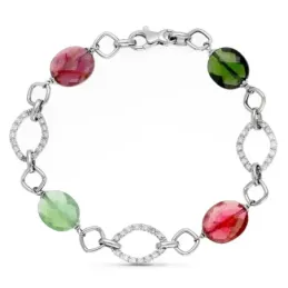 Pulsera Oro 18k blanco 19.5 cm. circonitas colores eslabones