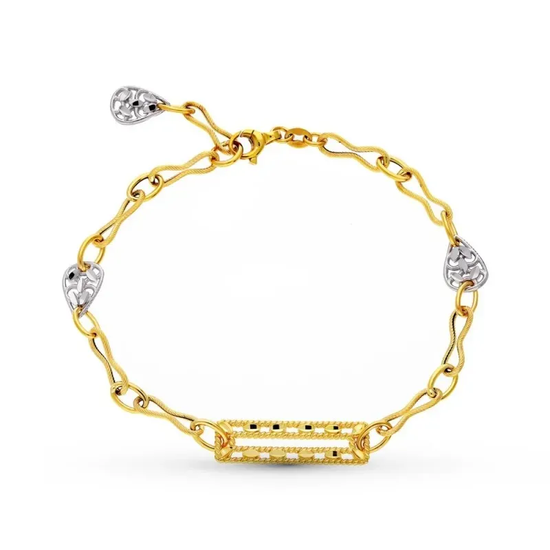 Pulsera Oro 18k bicolor motivo rectangular hojas caladas