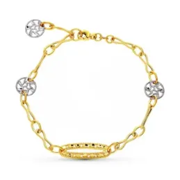 Pulsera Oro 18k bicolor motivo ovalado círculos calados hojas