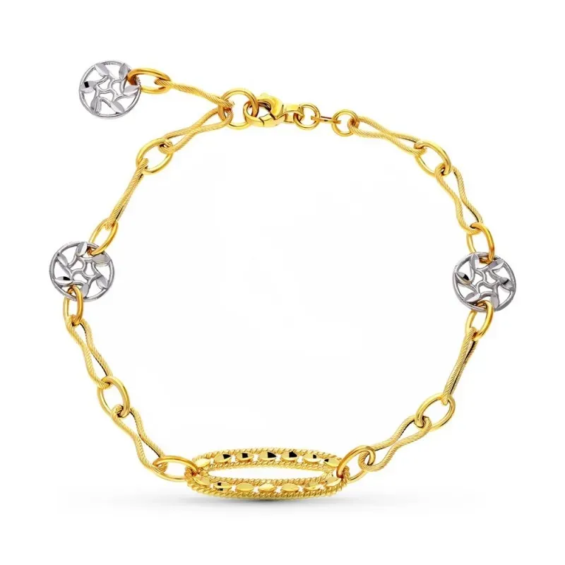 Pulsera Oro 18k bicolor motivo ovalado círculos calados hojas