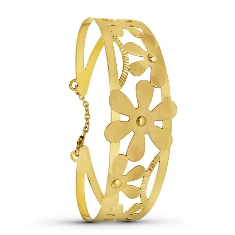 Pulsera Oro 18k rígida motivo flores detalles calados brazalete