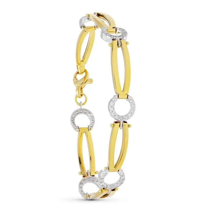 Pulsera Oro 18k bicolor círculos circonitas eslabones ovalados lisos