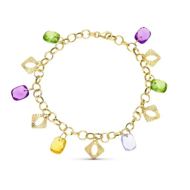 Pulsera Oro 18k circonitas colores cuadrados tallados calados centro