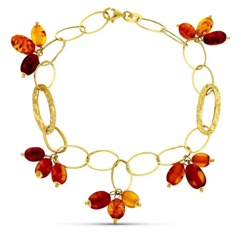 Pulsera Oro 18k eslabones ovalados lisos piedras colores cálidos otoñ