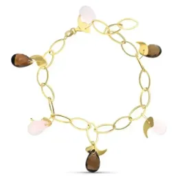 Pulsera Oro 18k piedras colores marrón rosa eslabones ovalados lisos