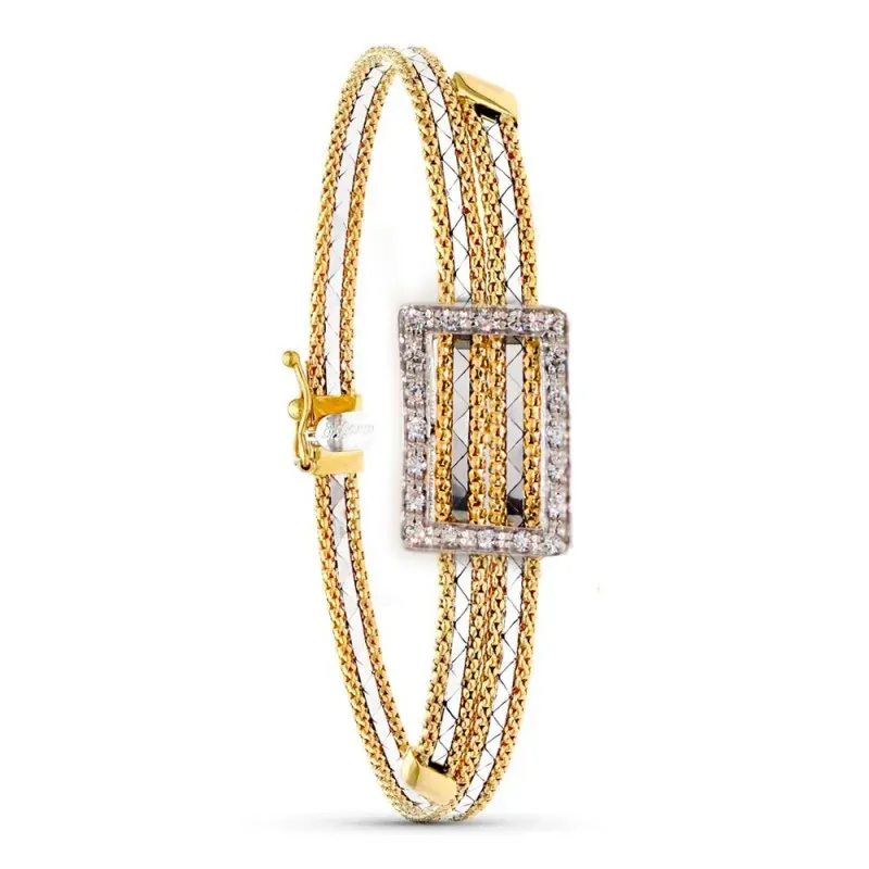 Pulsera Oro 18k bicolor rectángulo circonitas cadena malla