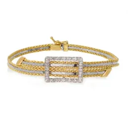 Pulsera Oro 18k bicolor rectángulo circonitas cadena malla