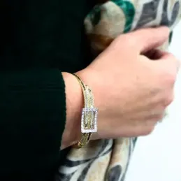 Pulsera Oro 18k bicolor rectángulo circonitas cadena malla