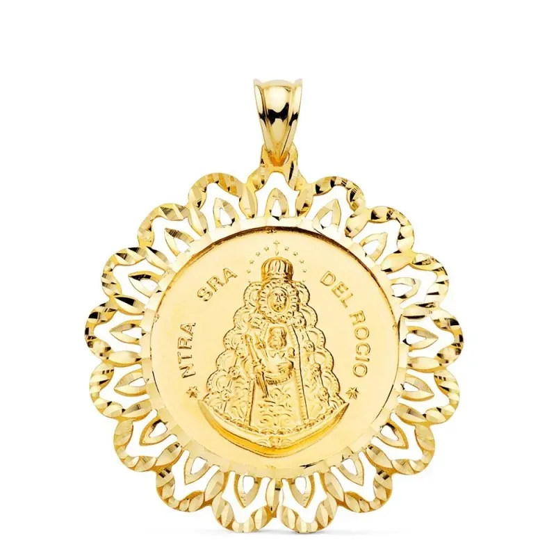 Virgen del Rocío Medalla Oro 18k unisex 34 mm. cerco formas talladas