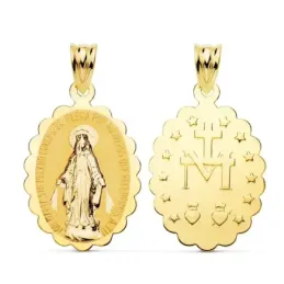 Virgen Milagrosa Medalla Oro 18k unisex 18 mm. borde ondulado brillo