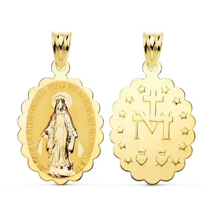 Virgen Milagrosa Medalla Oro 18k unisex 18 mm. borde ondulado brillo