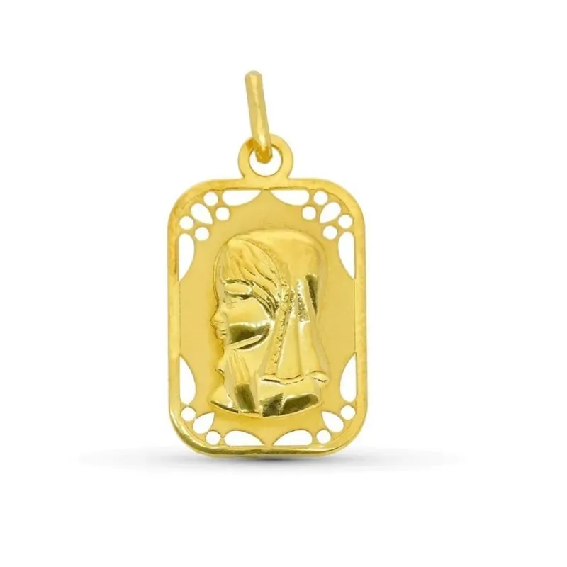 Virgen Niña Medalla Oro 9k rectangular 19 mm. calada mate brillo