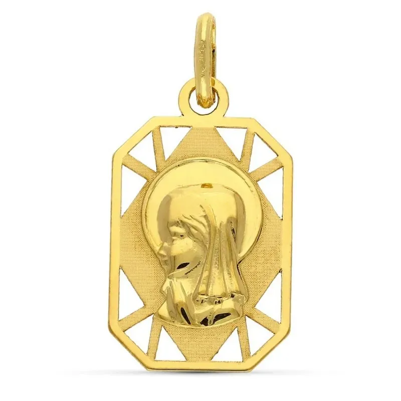 Virgen Niña Medalla Oro 9k rectangular 19 mm. formas caladas