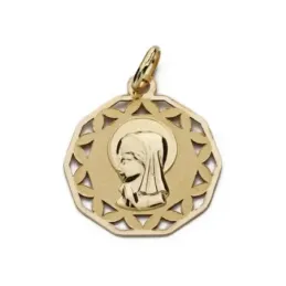 Virgen Niña Medalla Oro 9k forma decágono 17 mm. matizada calada
