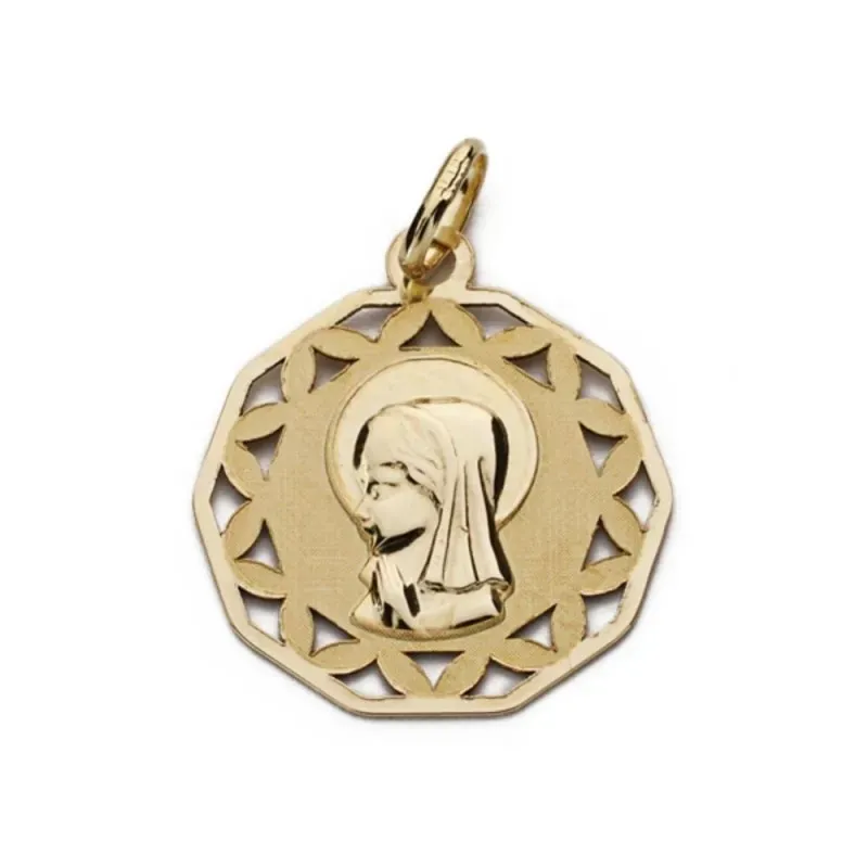 Virgen Niña Medalla Oro 9k forma decágono 17 mm. matizada calada