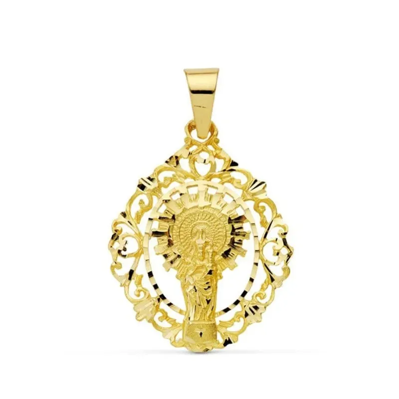 Virgen del Pilar Colgante Oro 9k unisex 36 mm. silueta cerco calado