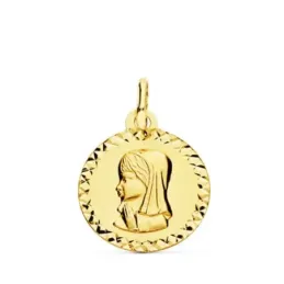 Virgen Niña Primera Comunión Medalla Oro 9k unisex 16 mm. tallada cru