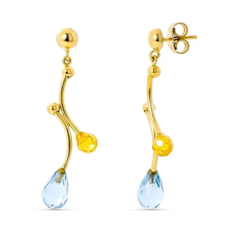 Pendientes Largos Oro 18k mujer piedras aguamarina combinada citrina