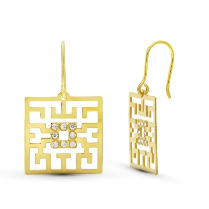 Pendientes Largos Oro 18k mujer calados cuadrados formas circonitas c