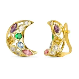 Pendientes Oro 18k mujer 14 mm. forma luna circonitas colores