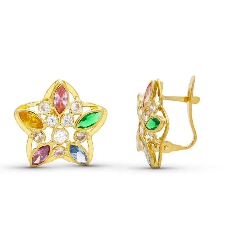 Pendientes Oro 18k mujer 14 mm. forma estrella circonitas colores