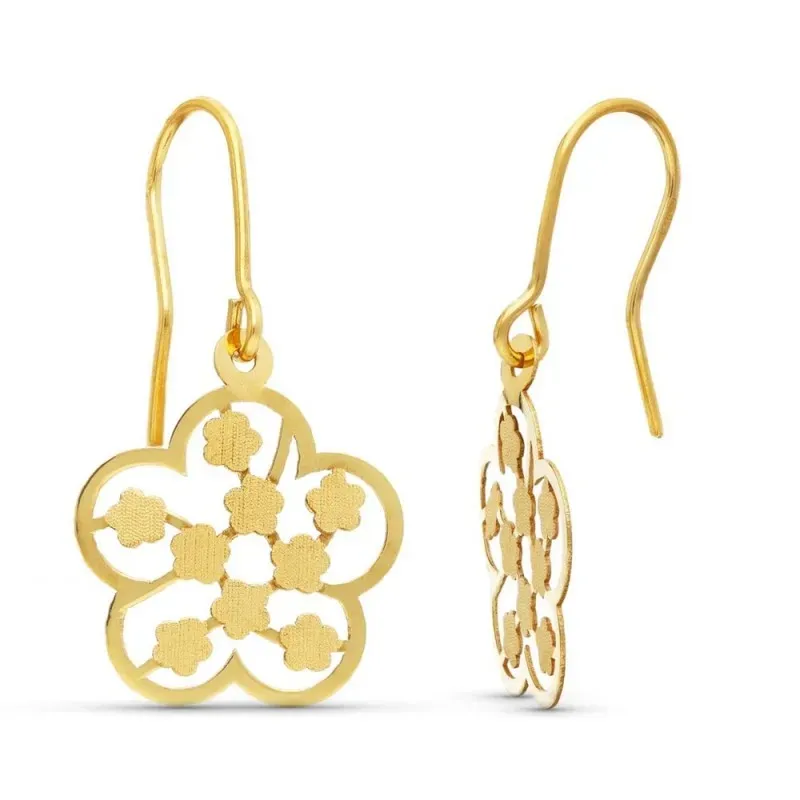 Pendientes Largos Oro 18k mujer forma flor calada láser brillo mate