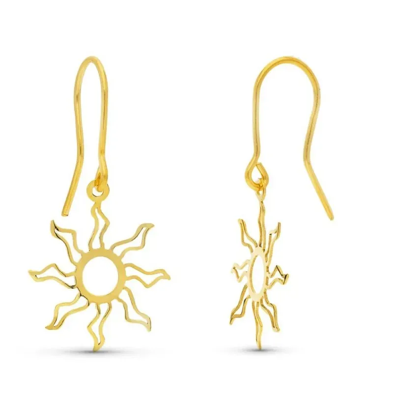 Pendientes Largos Oro 18k mujer forma sol calado láser