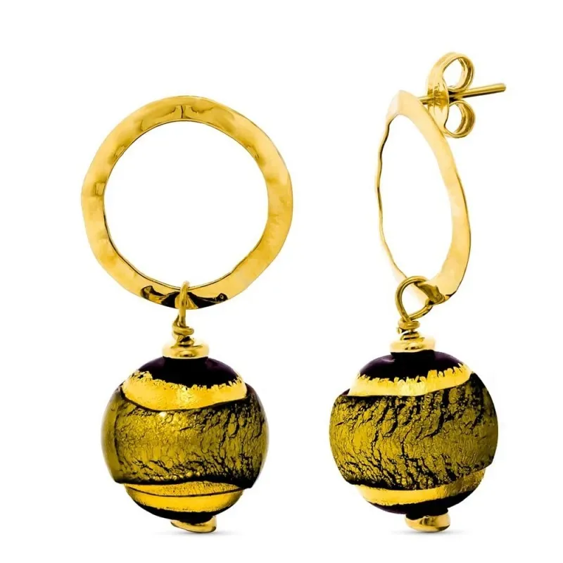 Pendientes Largos Oro 18k mujer círculo calado cristal murano bola 14