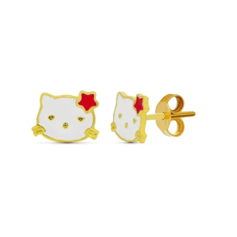 Pendientes Oro 18k niña 10 mm. forma gato esmaltados color