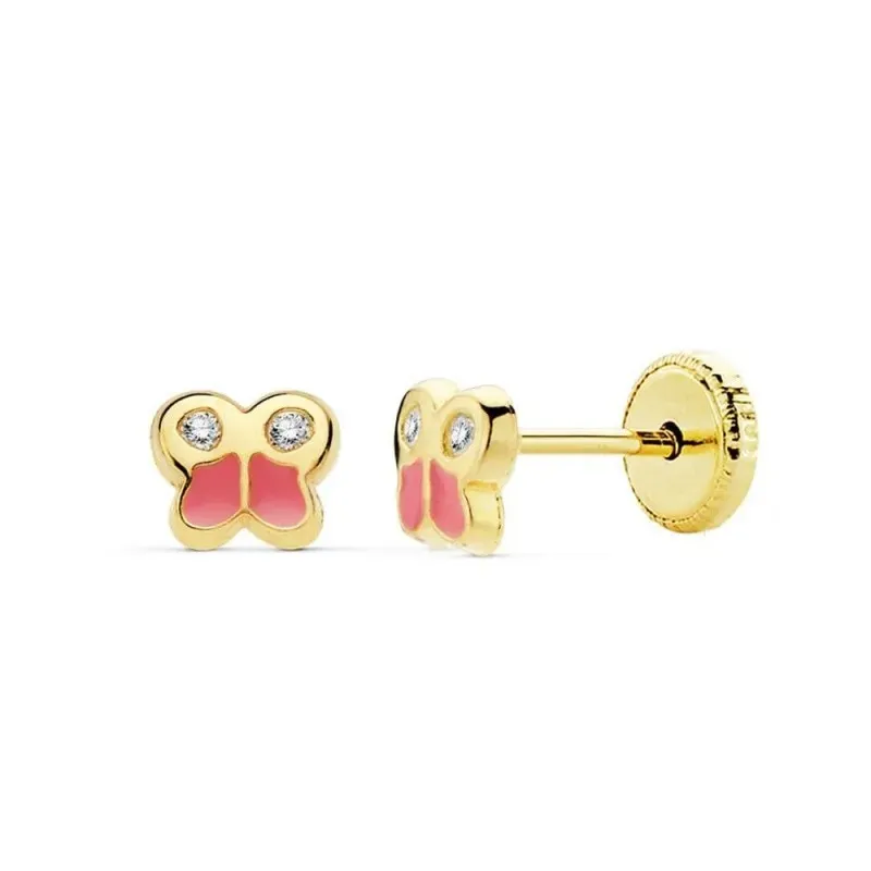 Pendientes Oro 18k niña 5 mm. forma mariposa esmaltados color rosa co