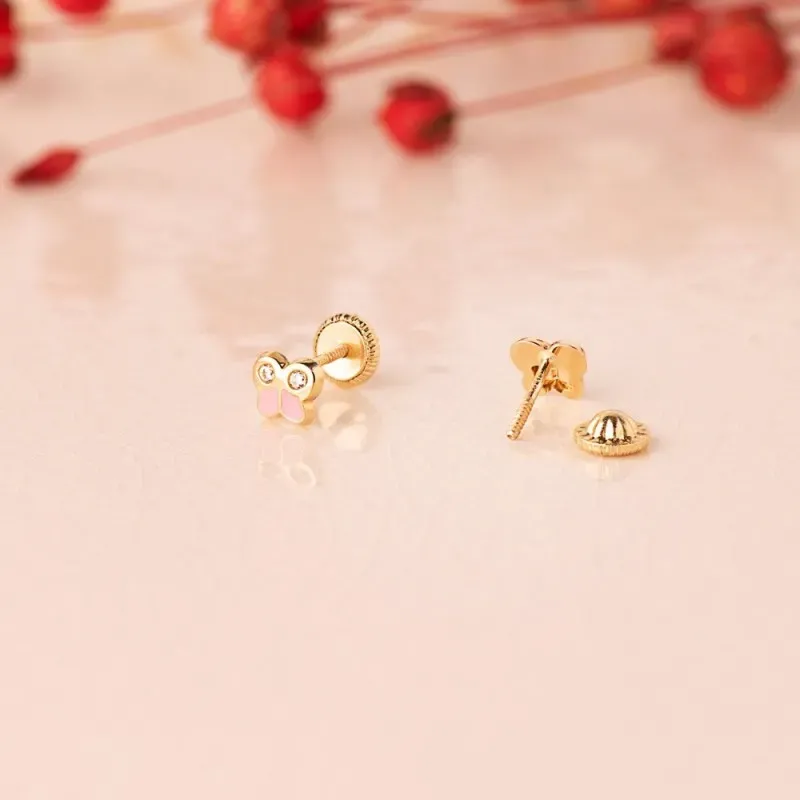 Pendientes Oro 18k niña 5 mm. forma mariposa esmaltados color rosa co
