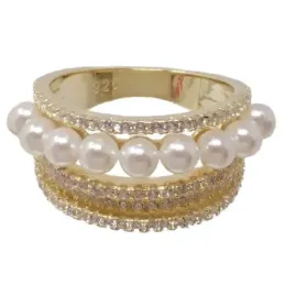 Sortija plata Ley 925m chapada oro bandas circonitas perlas sintéticas